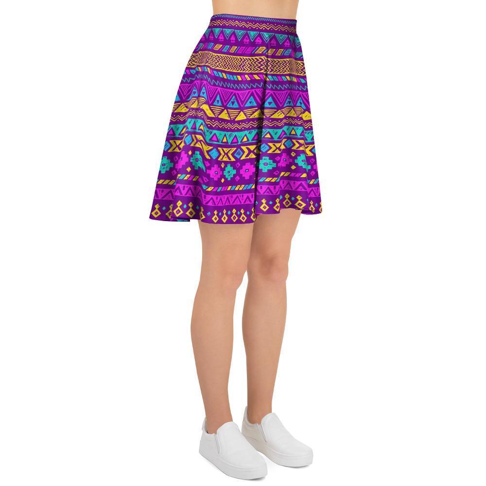 Neon Multicolor Ethic Aztec Doodle Print Women's Skirt-grizzshop
