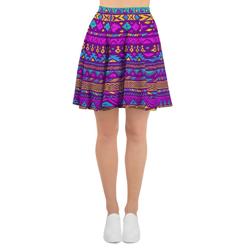 Neon Multicolor Ethic Aztec Doodle Print Women's Skirt-grizzshop