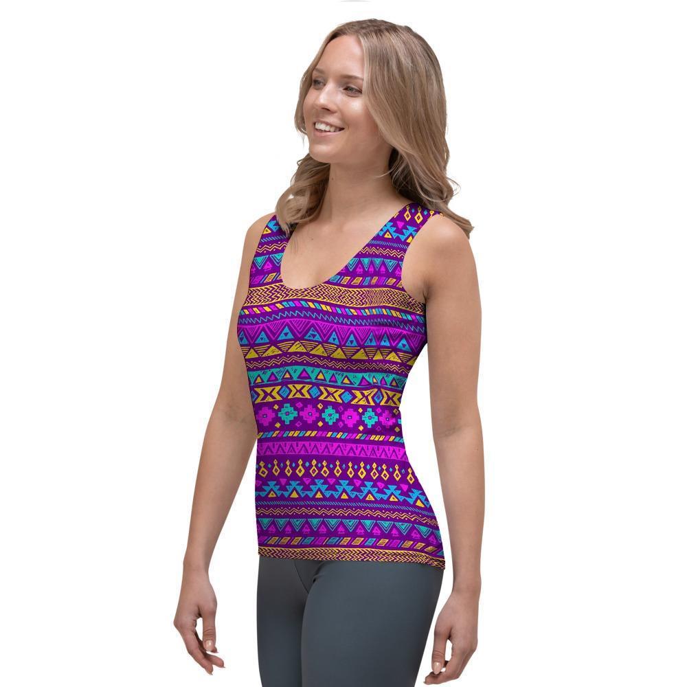 Neon Multicolor Ethic Aztec Doodle Print Women's Tank Top-grizzshop