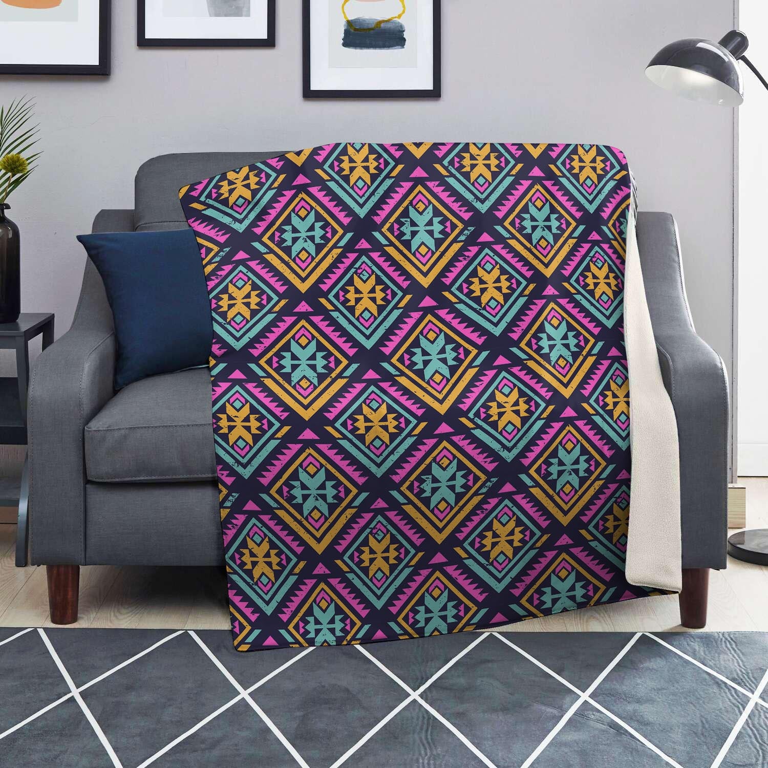 Neon Multicolor Ethic Aztec Grunge Print Blanket-grizzshop