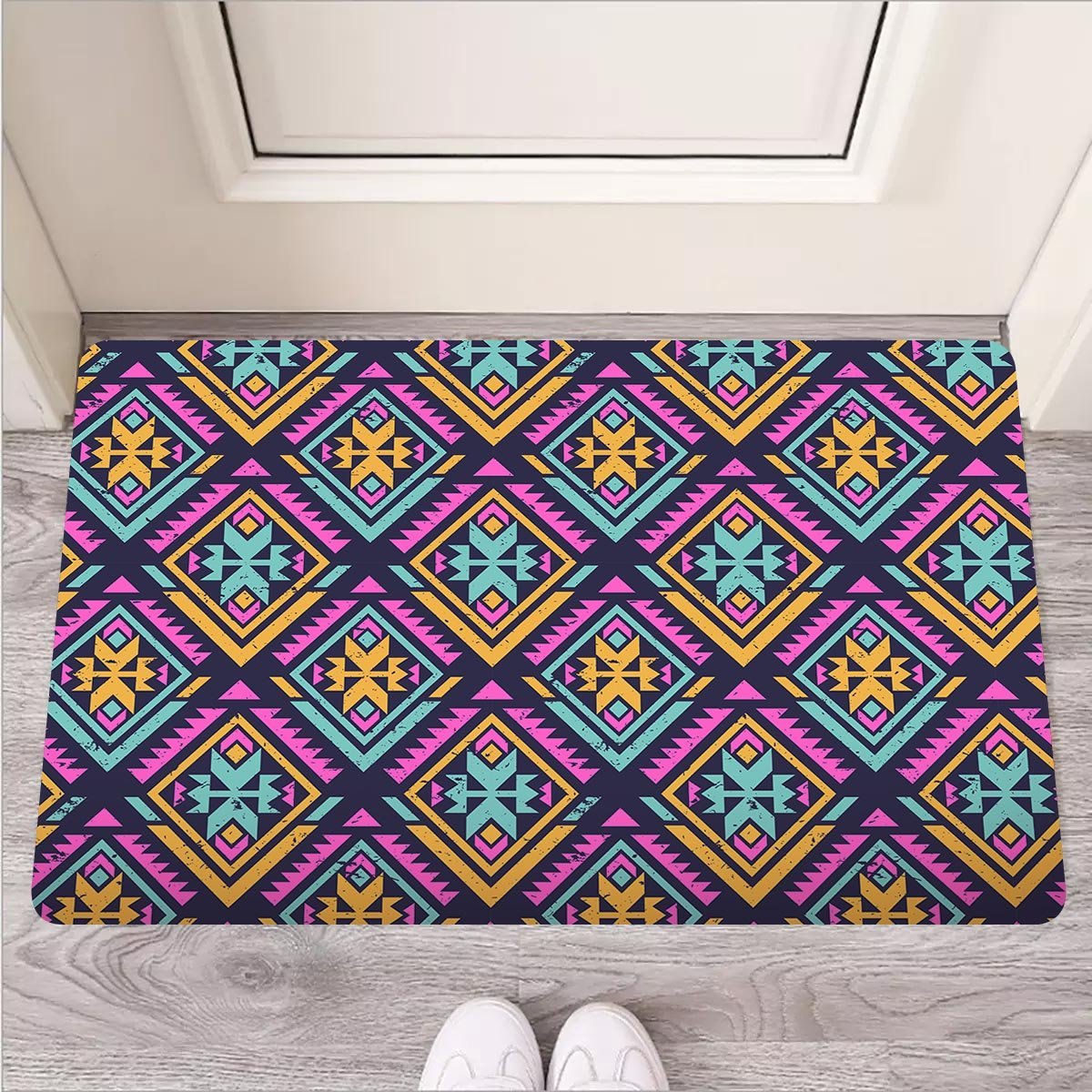 Neon Multicolor Ethic Aztec Grunge Print Door Mat-grizzshop