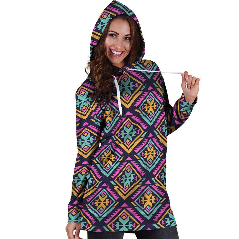 Neon Multicolor Ethic Aztec Grunge Print Hoodie Dress-grizzshop
