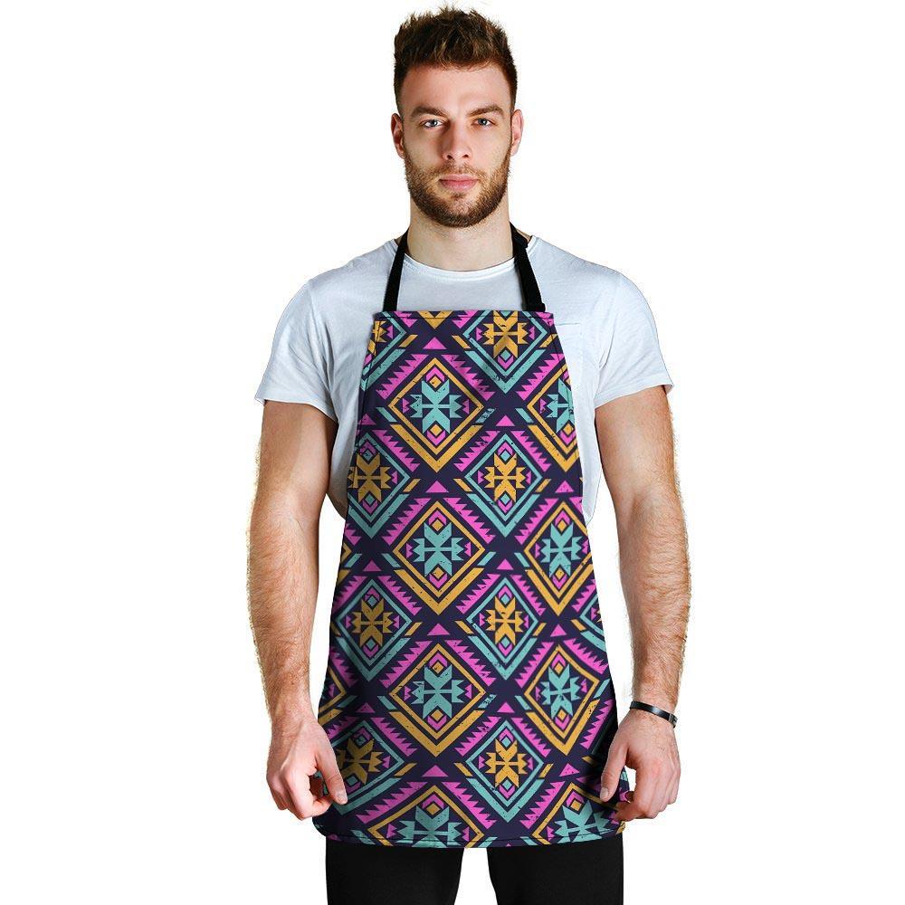 Neon Multicolor Ethic Aztec Grunge Print Men's Apron-grizzshop