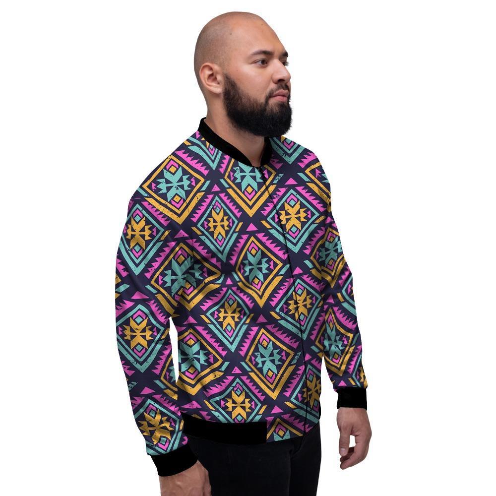 Neon Multicolor Ethic Aztec Grunge Print Men's Bomber Jacket-grizzshop