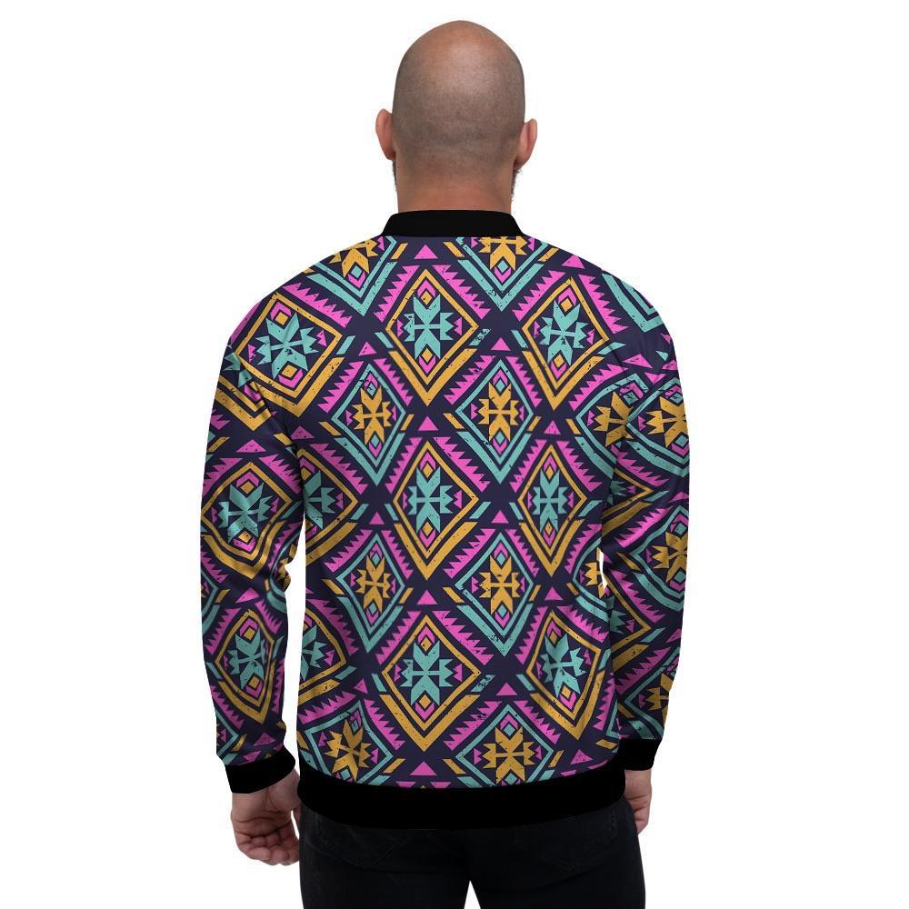 Neon Multicolor Ethic Aztec Grunge Print Men's Bomber Jacket-grizzshop