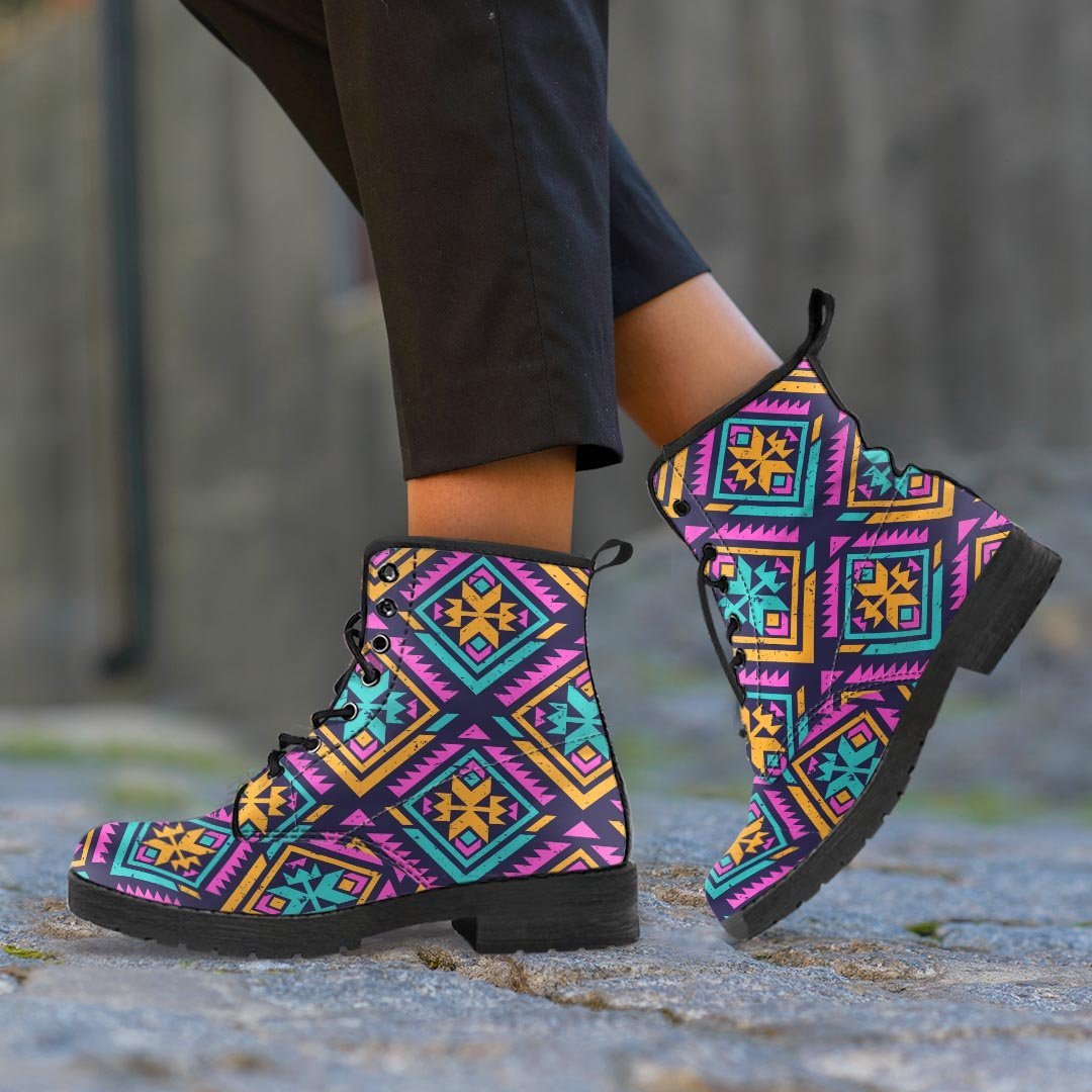 Neon Multicolor Ethic Aztec Grunge Print Men's Boots-grizzshop
