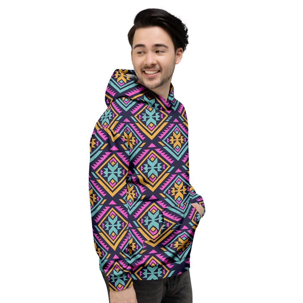Neon Multicolor Ethic Aztec Grunge Print Men's Hoodie-grizzshop