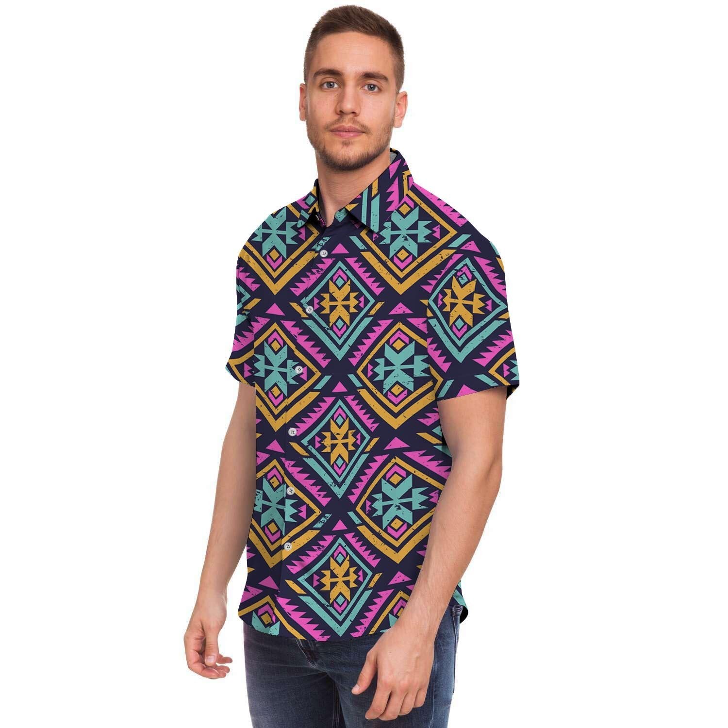 Neon Multicolor Ethic Aztec Grunge Print Men's Short Sleeve Shirt-grizzshop