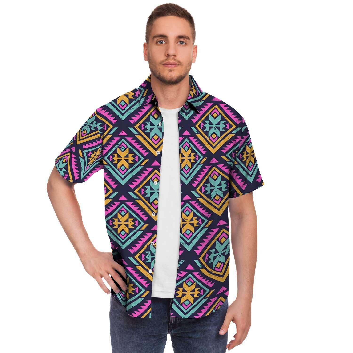 Neon Multicolor Ethic Aztec Grunge Print Men's Short Sleeve Shirt-grizzshop
