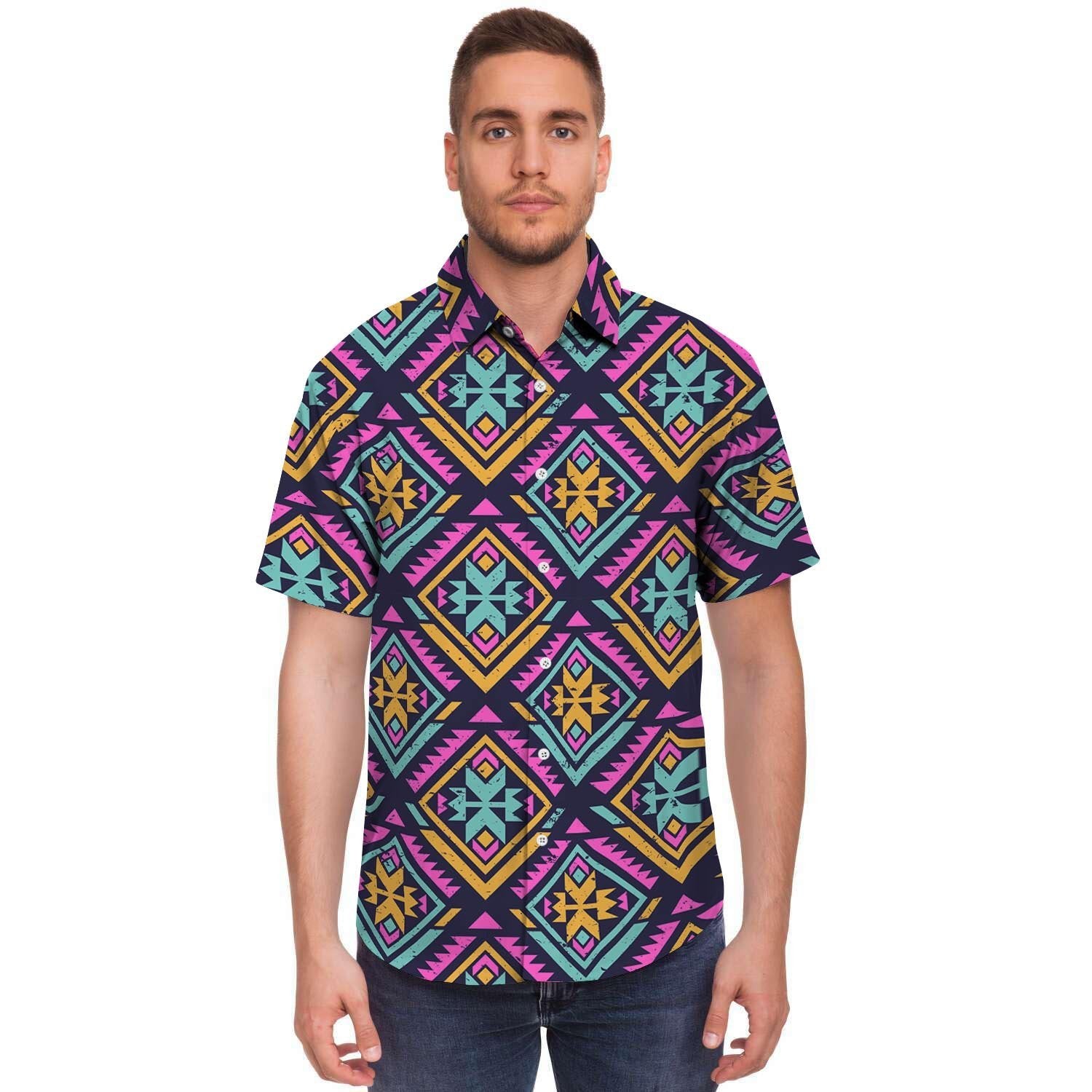 Neon Multicolor Ethic Aztec Grunge Print Men's Short Sleeve Shirt-grizzshop