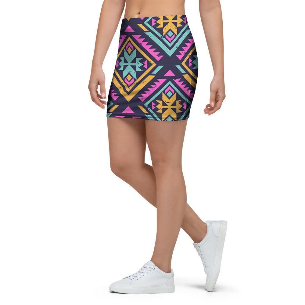 Neon Multicolor Ethic Aztec Grunge Print Mini Skirt-grizzshop