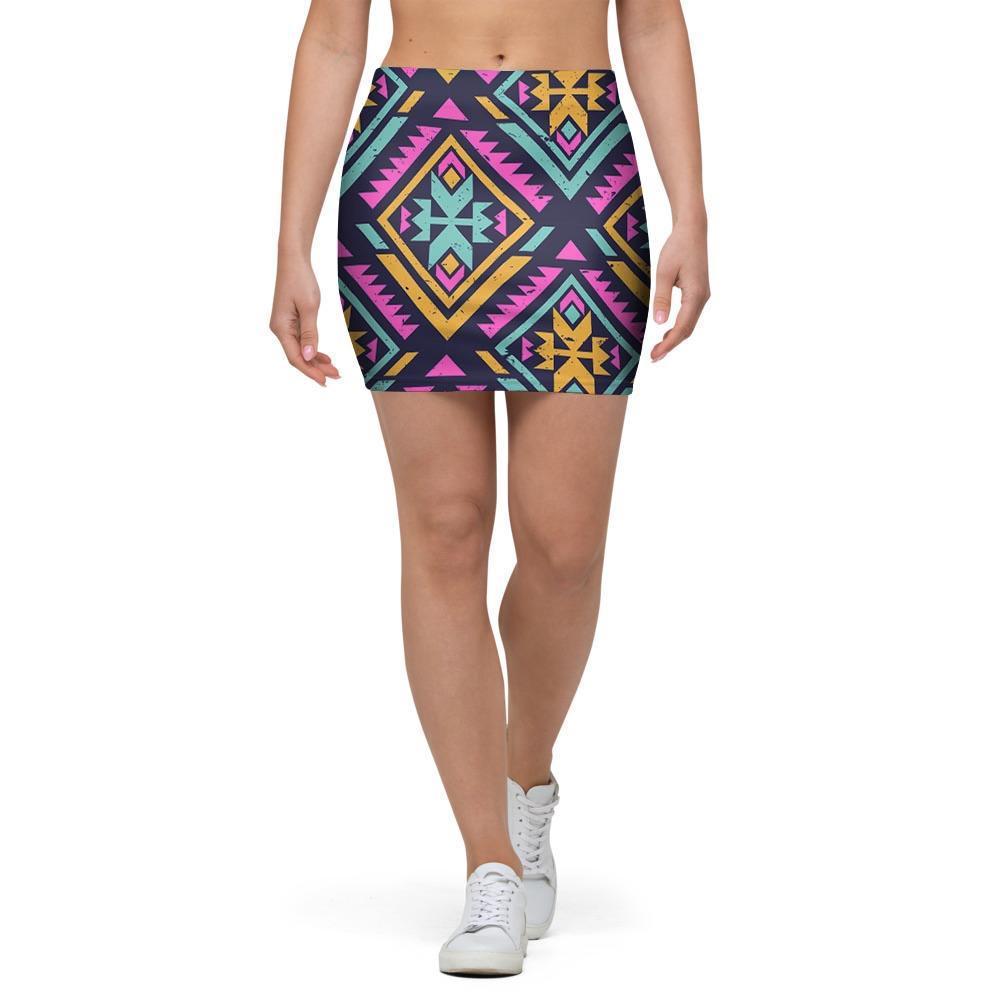 Neon Multicolor Ethic Aztec Grunge Print Mini Skirt-grizzshop