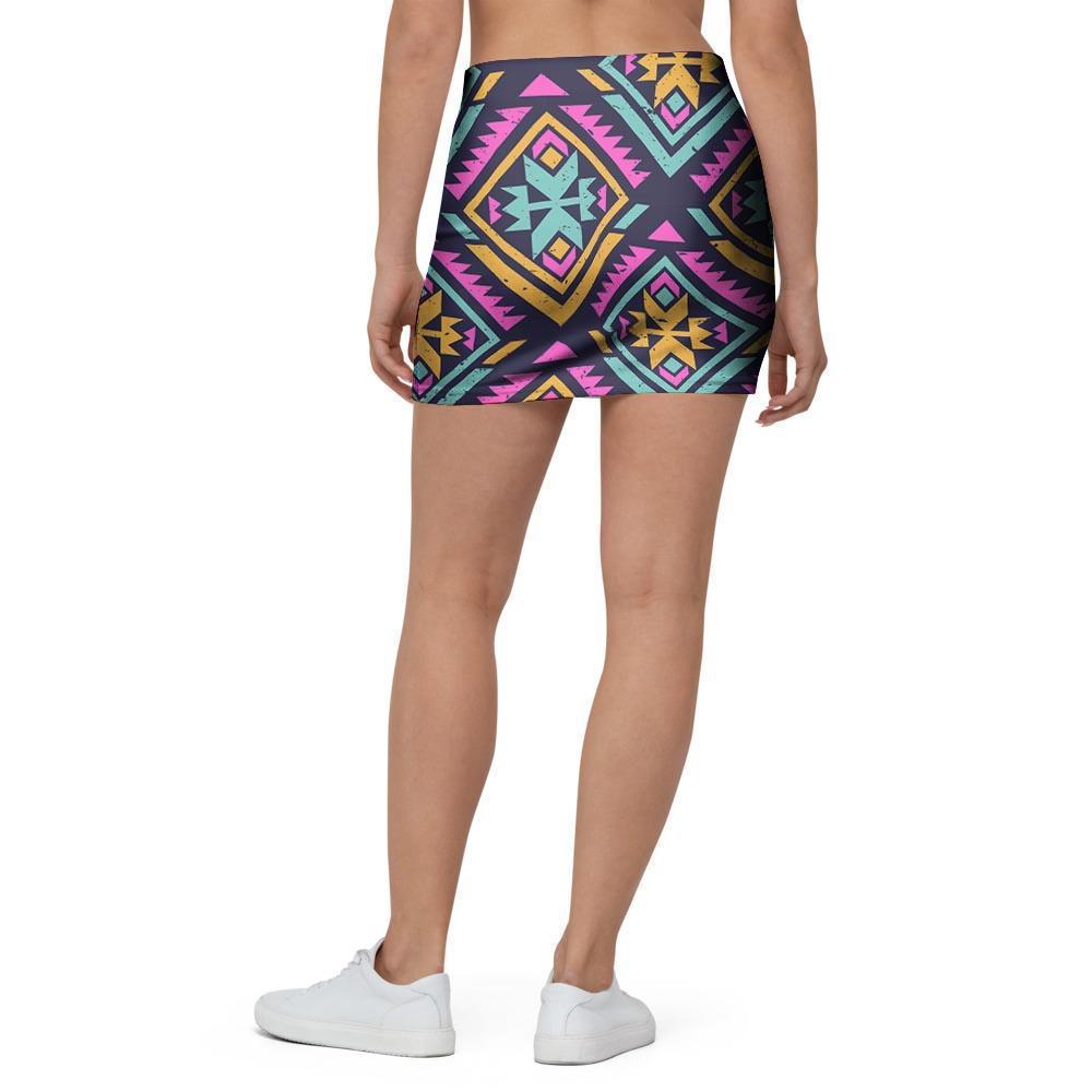 Neon Multicolor Ethic Aztec Grunge Print Mini Skirt-grizzshop