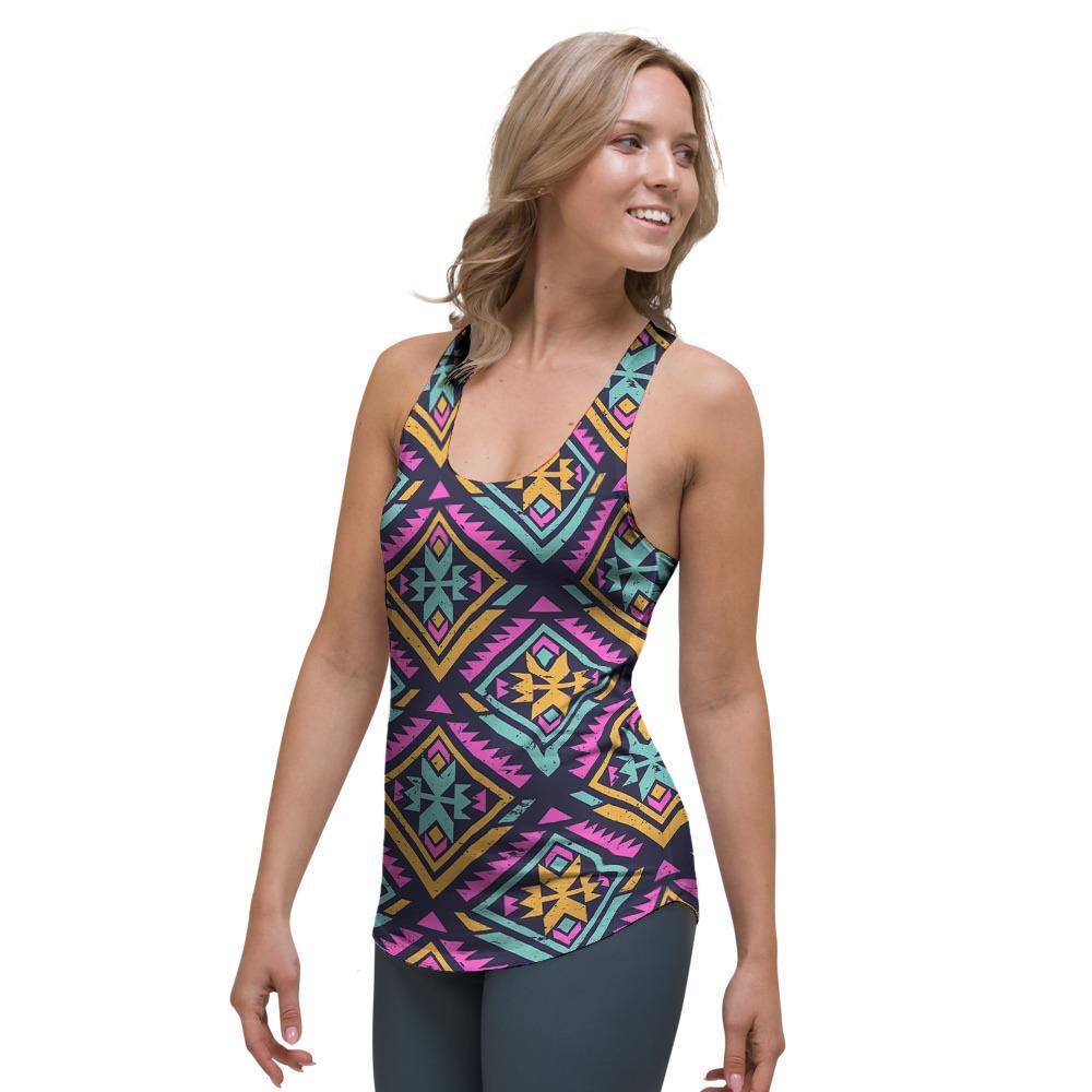 Neon Multicolor Ethic Aztec Grunge Print Women's Racerback Tank Top-grizzshop