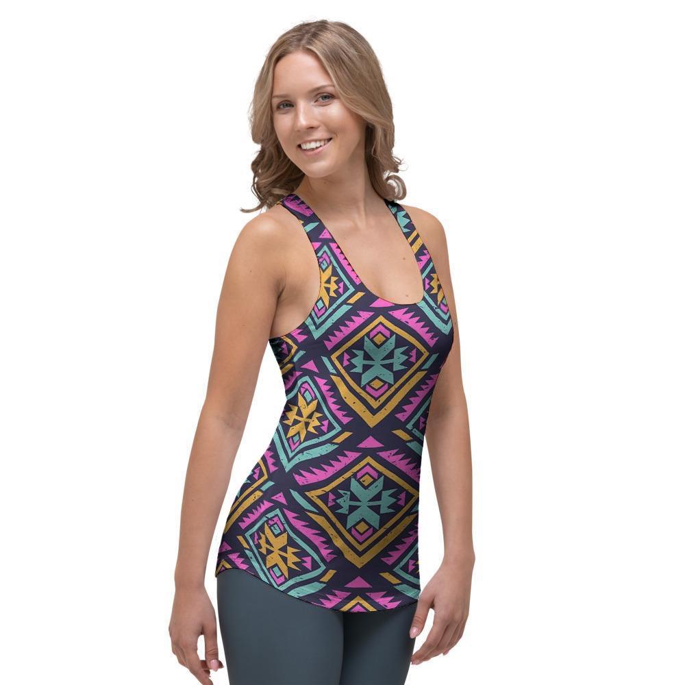 Neon Multicolor Ethic Aztec Grunge Print Women's Racerback Tank Top-grizzshop