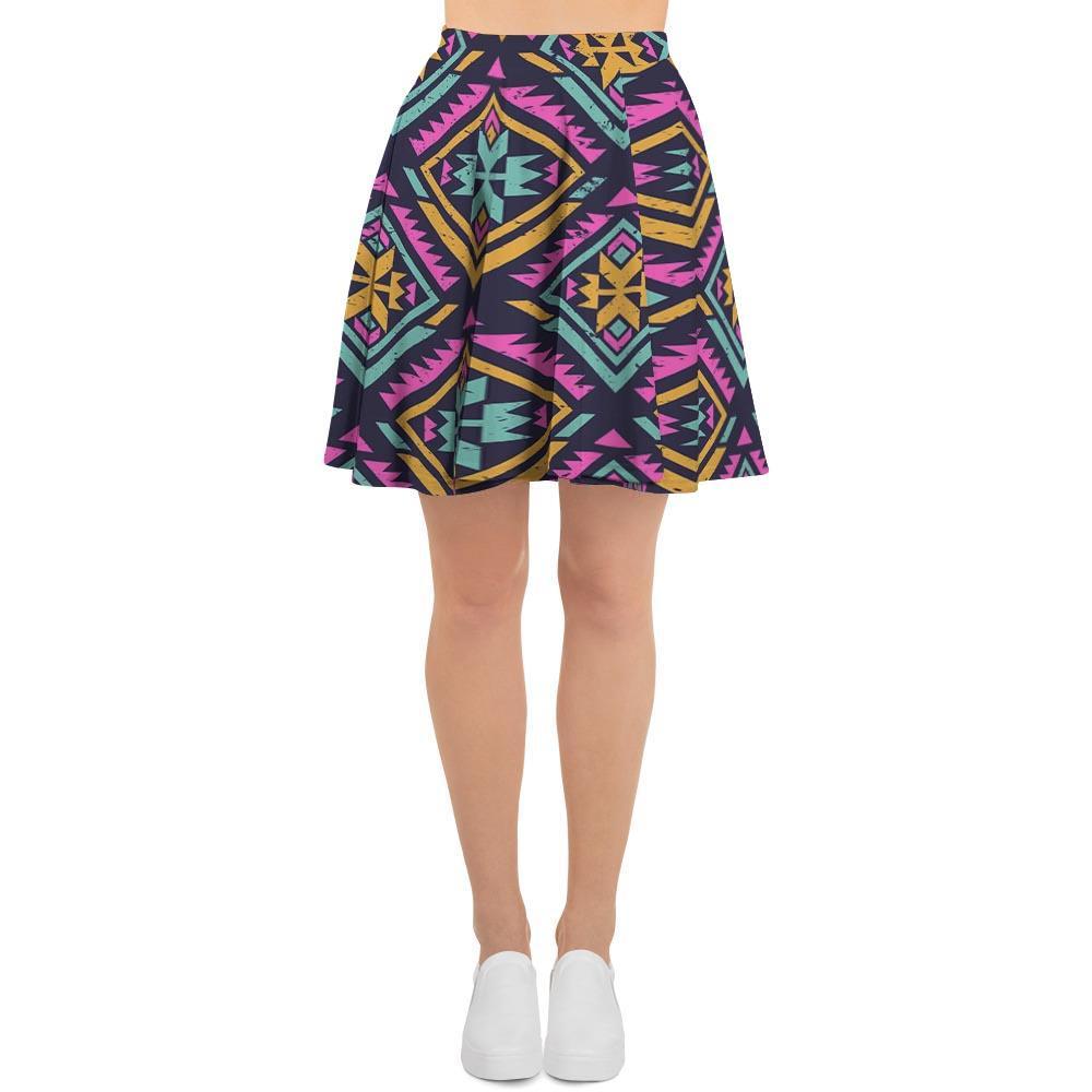 Neon Multicolor Ethic Aztec Grunge Print Women's Skirt-grizzshop