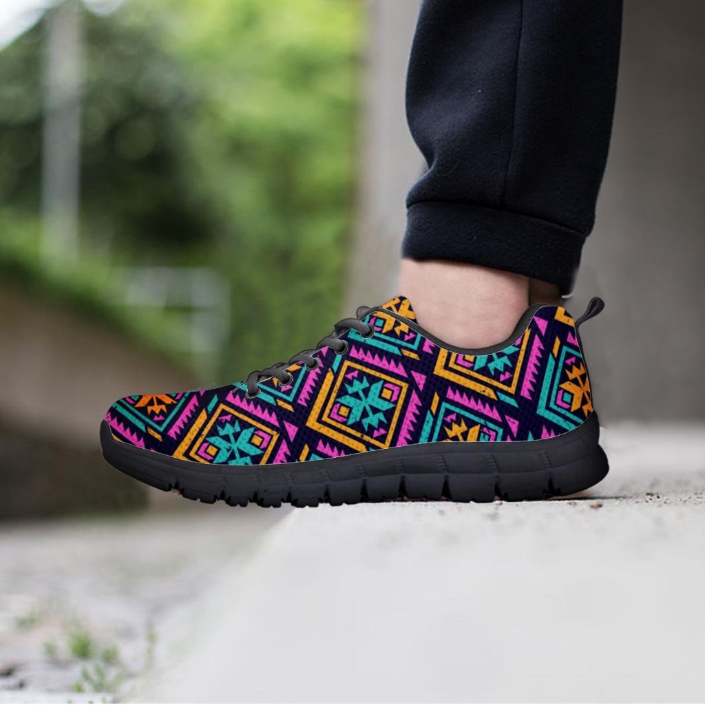 Neon Multicolor Ethic Aztec Grunge Print Women's Sneakers-grizzshop