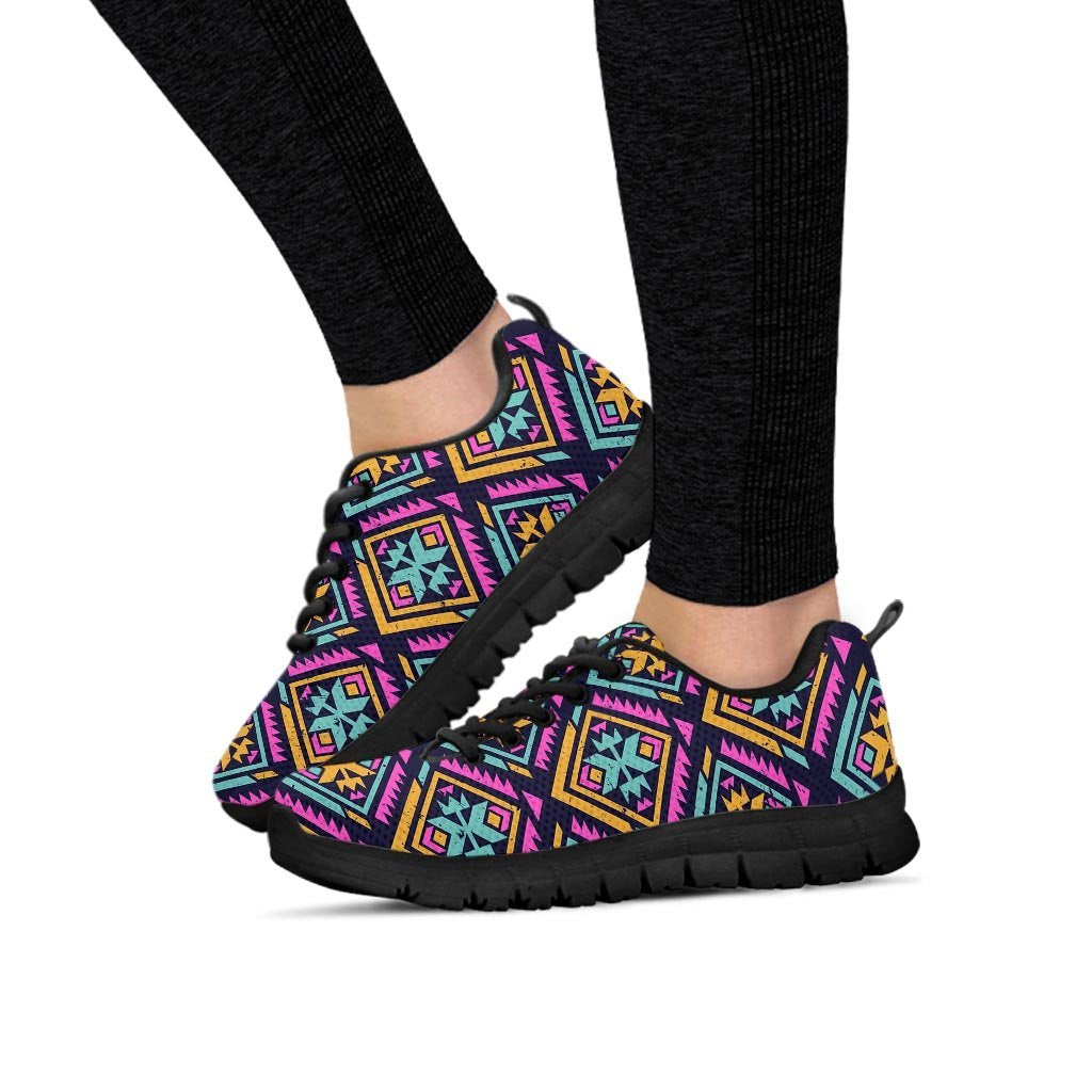 Neon Multicolor Ethic Aztec Grunge Print Women's Sneakers-grizzshop