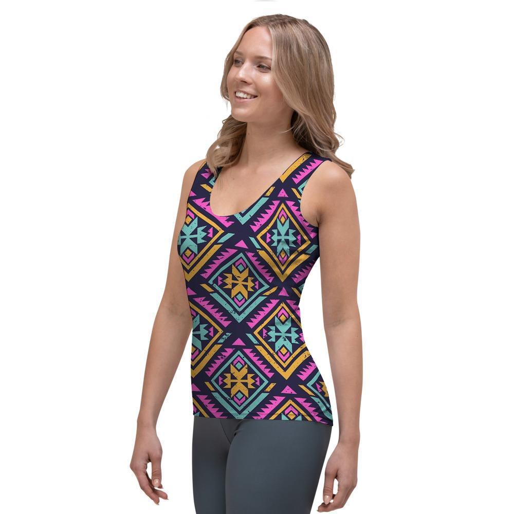 Neon Multicolor Ethic Aztec Grunge Print Women's Tank Top-grizzshop
