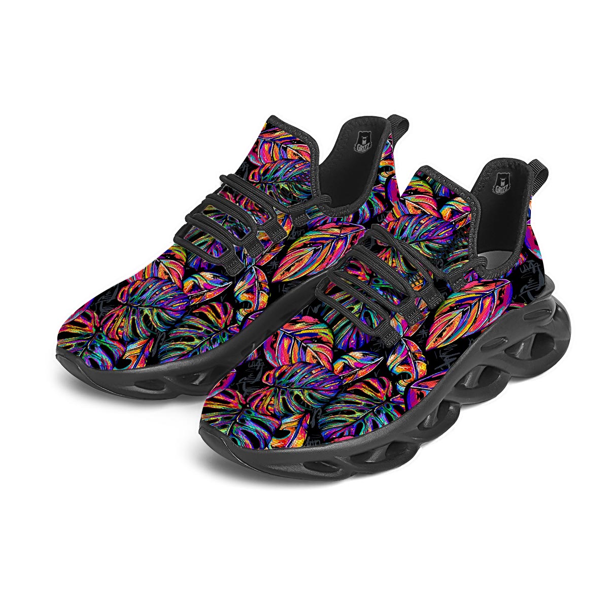 Neon Multicolor Palm Leaf Print Black Running Shoes-grizzshop