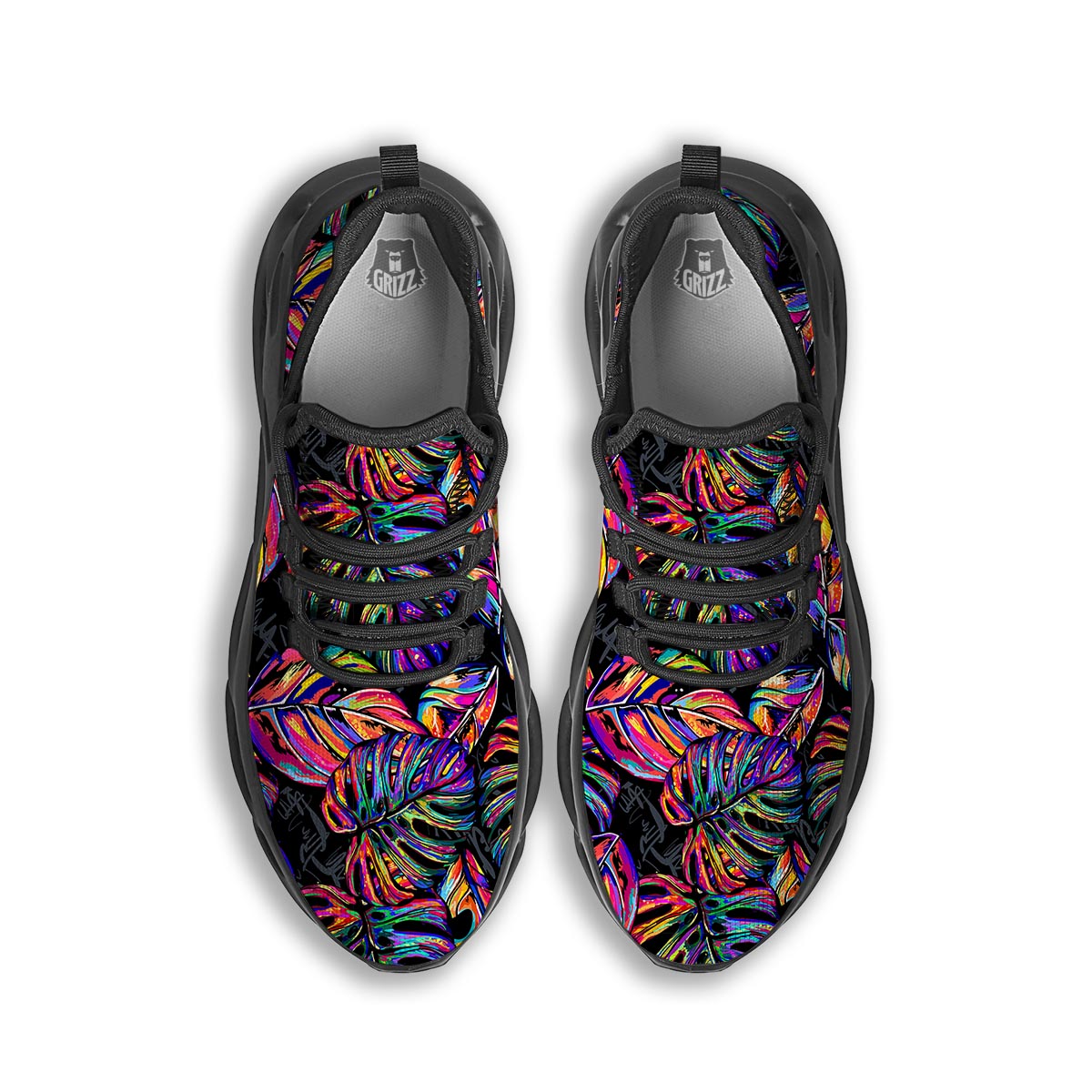 Neon Multicolor Palm Leaf Print Black Running Shoes-grizzshop