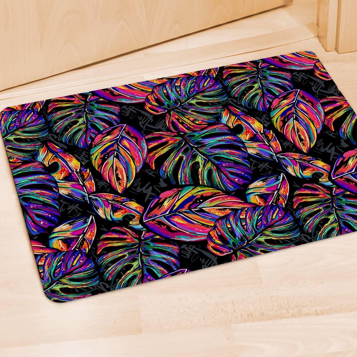 Neon Multicolor Palm Leaf Print Door Mat-grizzshop