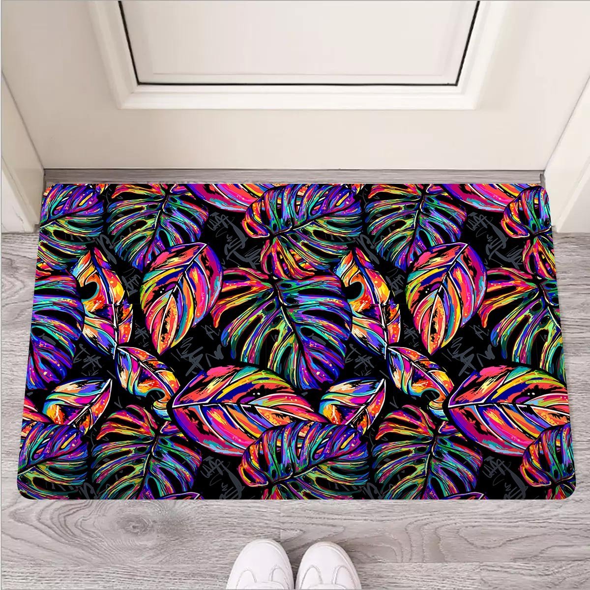 Neon Multicolor Palm Leaf Print Door Mat-grizzshop