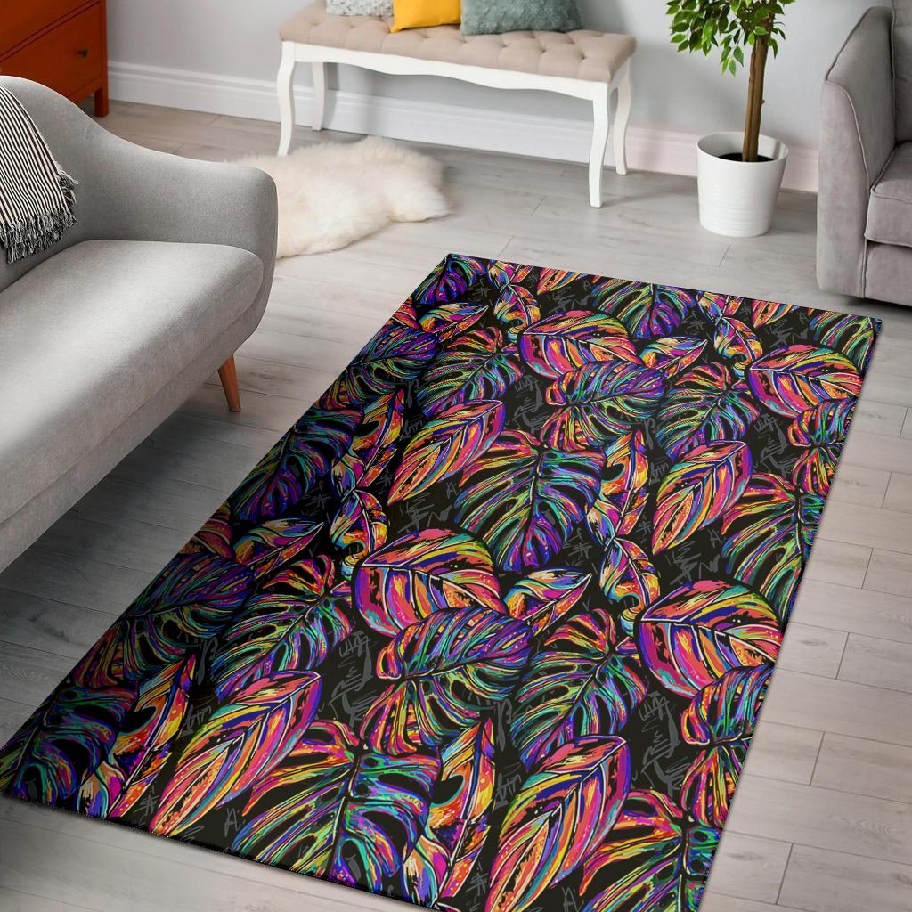 Neon Multicolor Palm Leaf Print Floor Mat-grizzshop