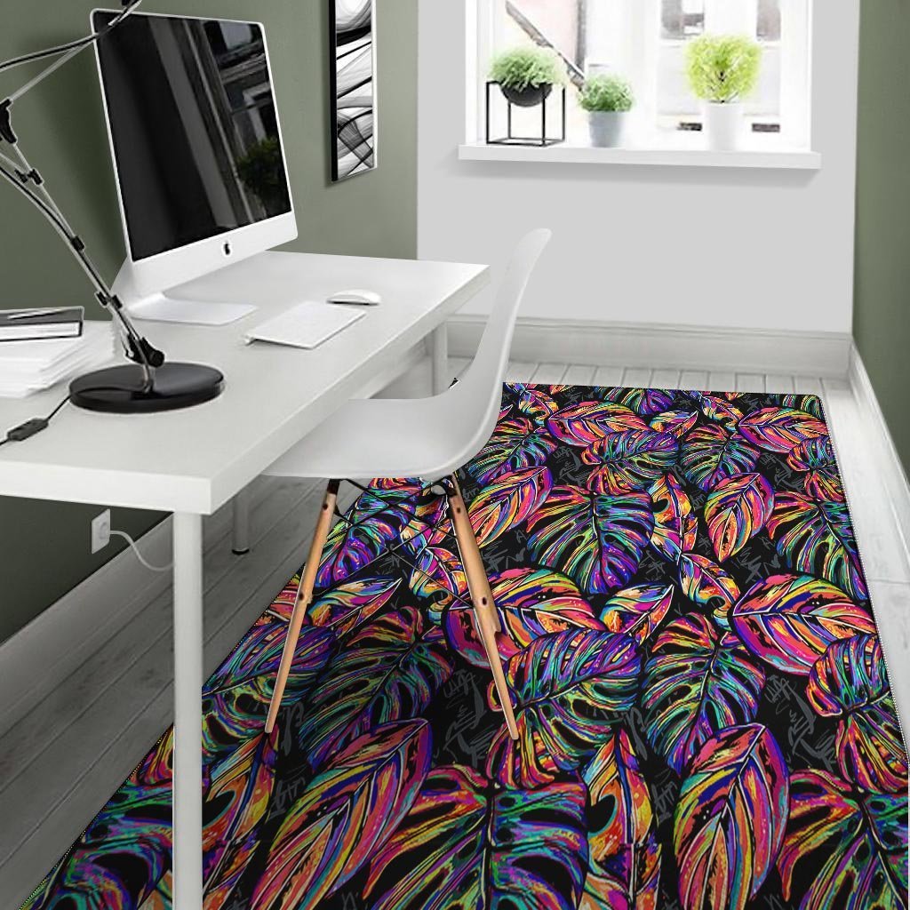 Neon Multicolor Palm Leaf Print Floor Mat-grizzshop