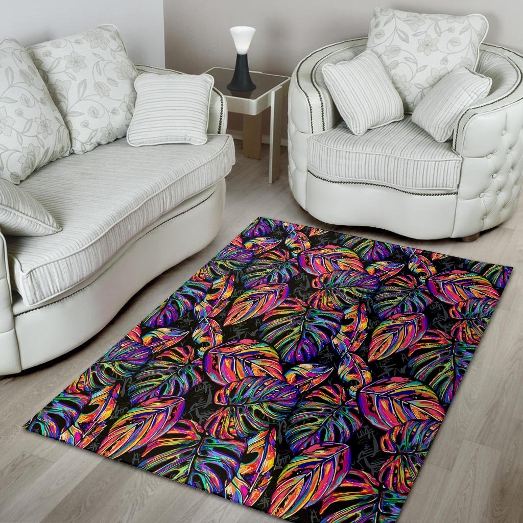 Neon Multicolor Palm Leaf Print Floor Mat-grizzshop