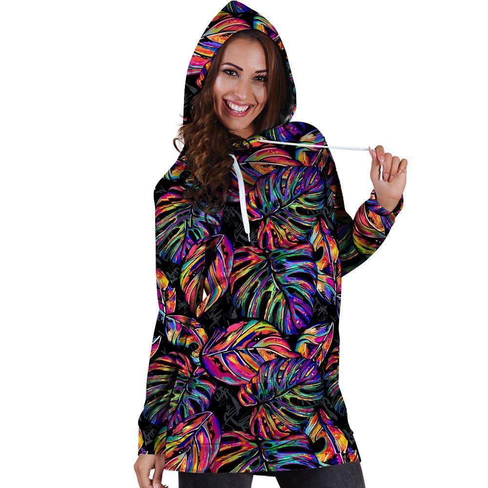 Neon Multicolor Palm Leaf Print Hoodie Dress-grizzshop