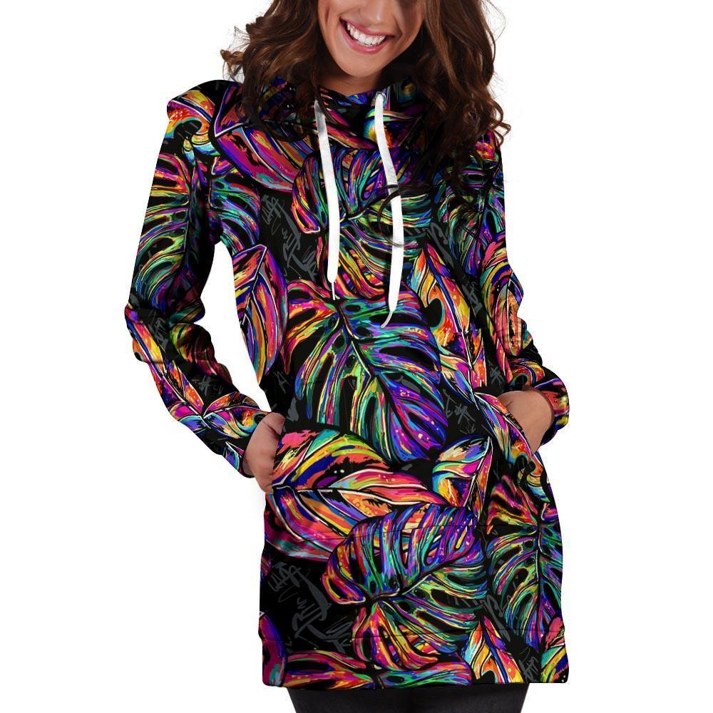 Neon Multicolor Palm Leaf Print Hoodie Dress-grizzshop