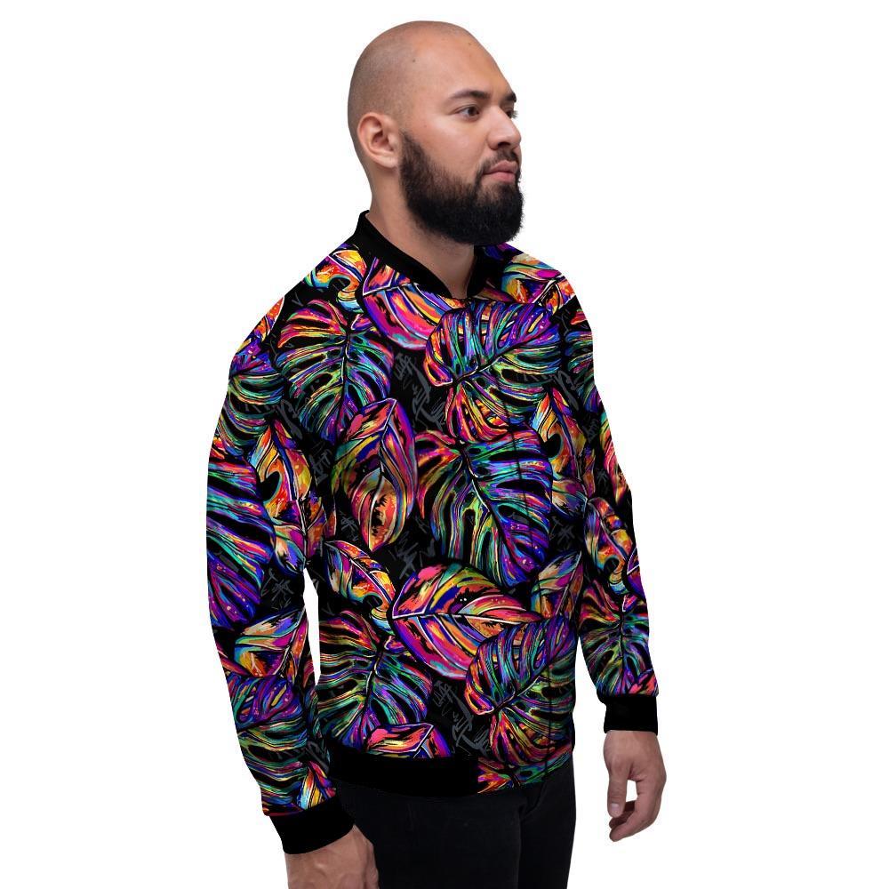 Neon Multicolor Palm Leaf Print Men's Bomber Jacket-grizzshop
