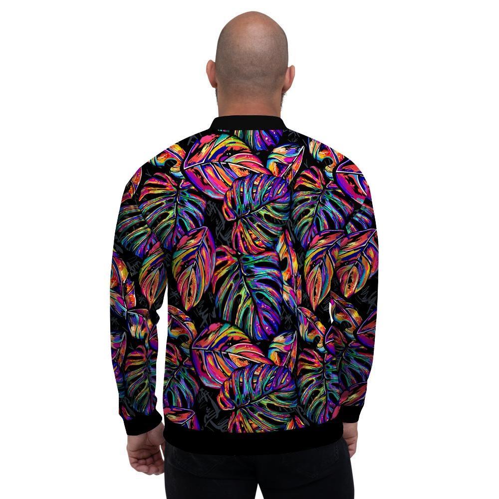 Neon Multicolor Palm Leaf Print Men's Bomber Jacket-grizzshop