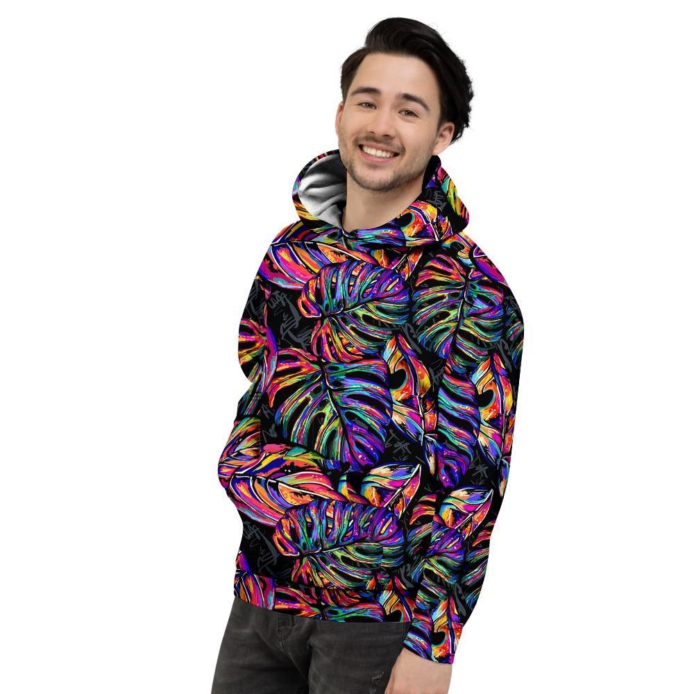 Neon Multicolor Palm Leaf Print Men's Hoodie-grizzshop