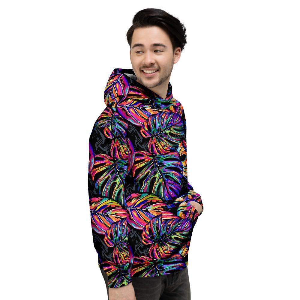 Neon Multicolor Palm Leaf Print Men's Hoodie-grizzshop