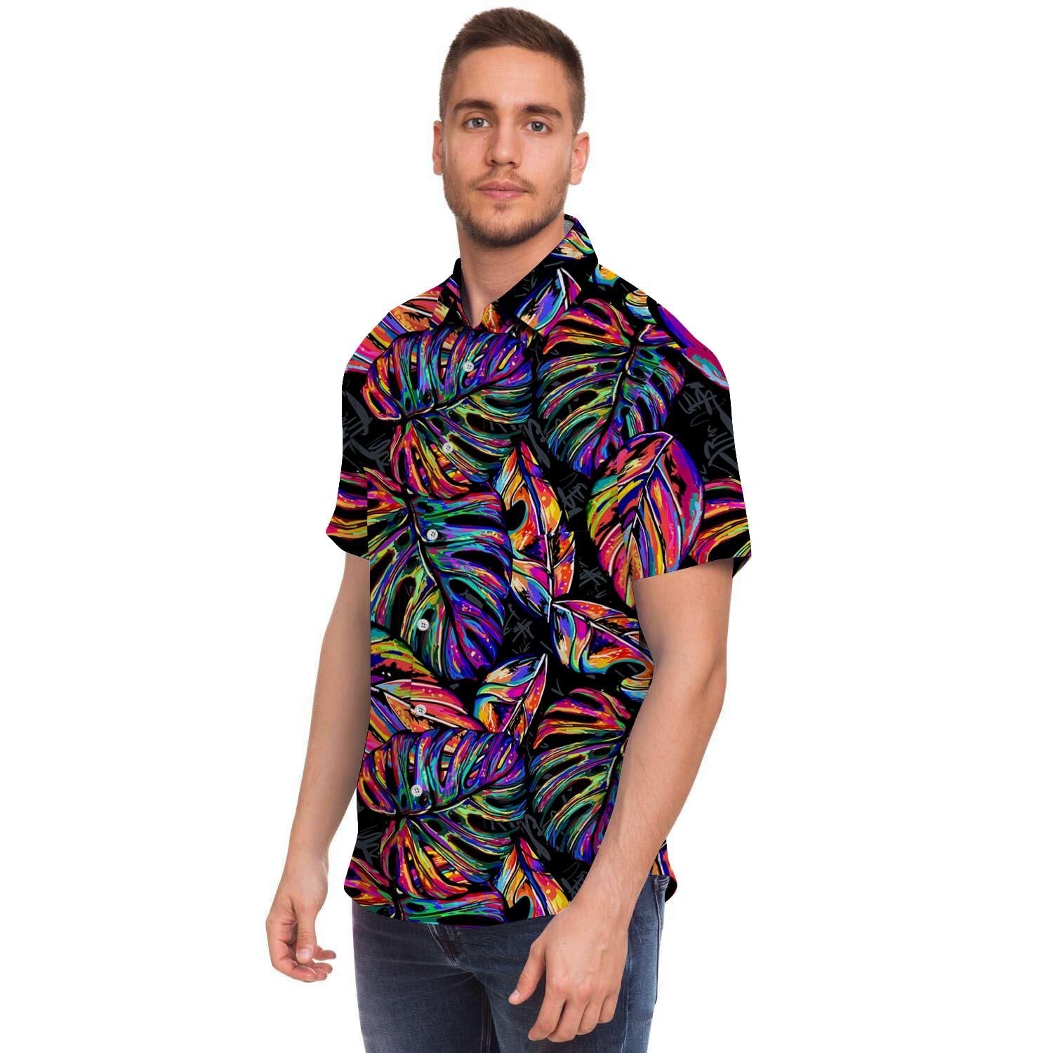 Neon Multicolor Palm Leaf Print Men's Short Sleeve Shirt-grizzshop