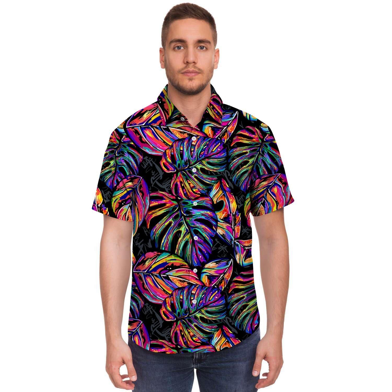 Neon Multicolor Palm Leaf Print Men's Short Sleeve Shirt-grizzshop