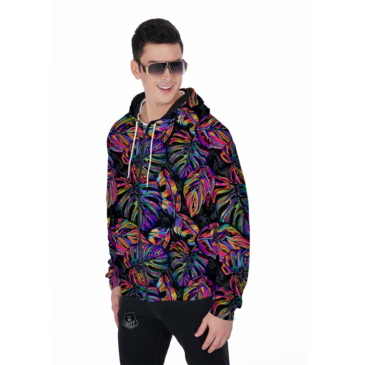 Neon Multicolor Palm Leaf Print Men's Zip Up Hoodie-grizzshop