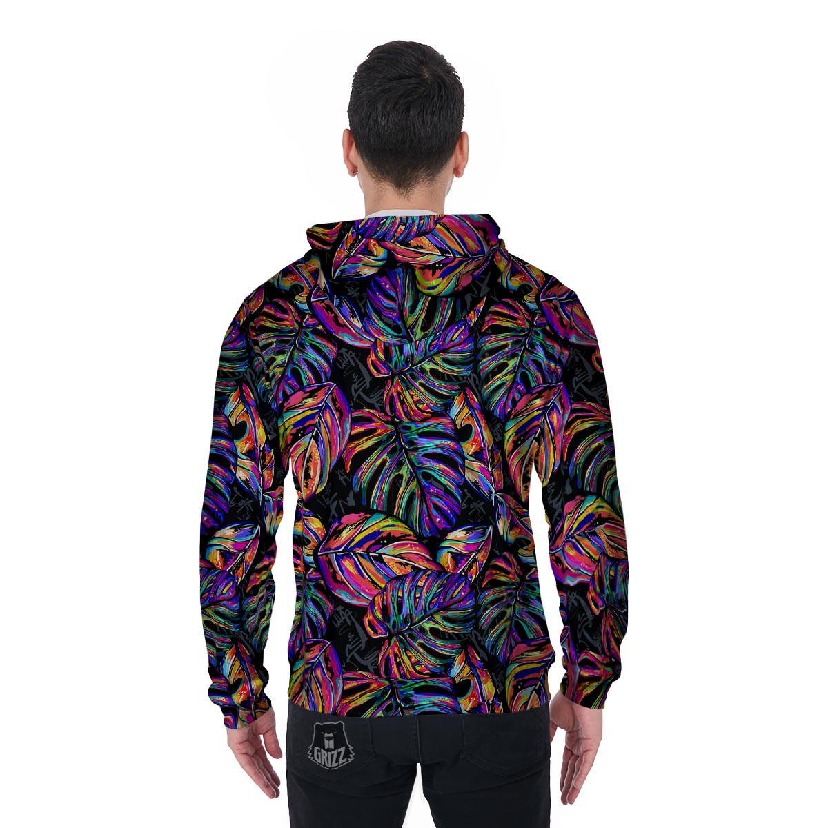 Neon Multicolor Palm Leaf Print Men's Zip Up Hoodie-grizzshop