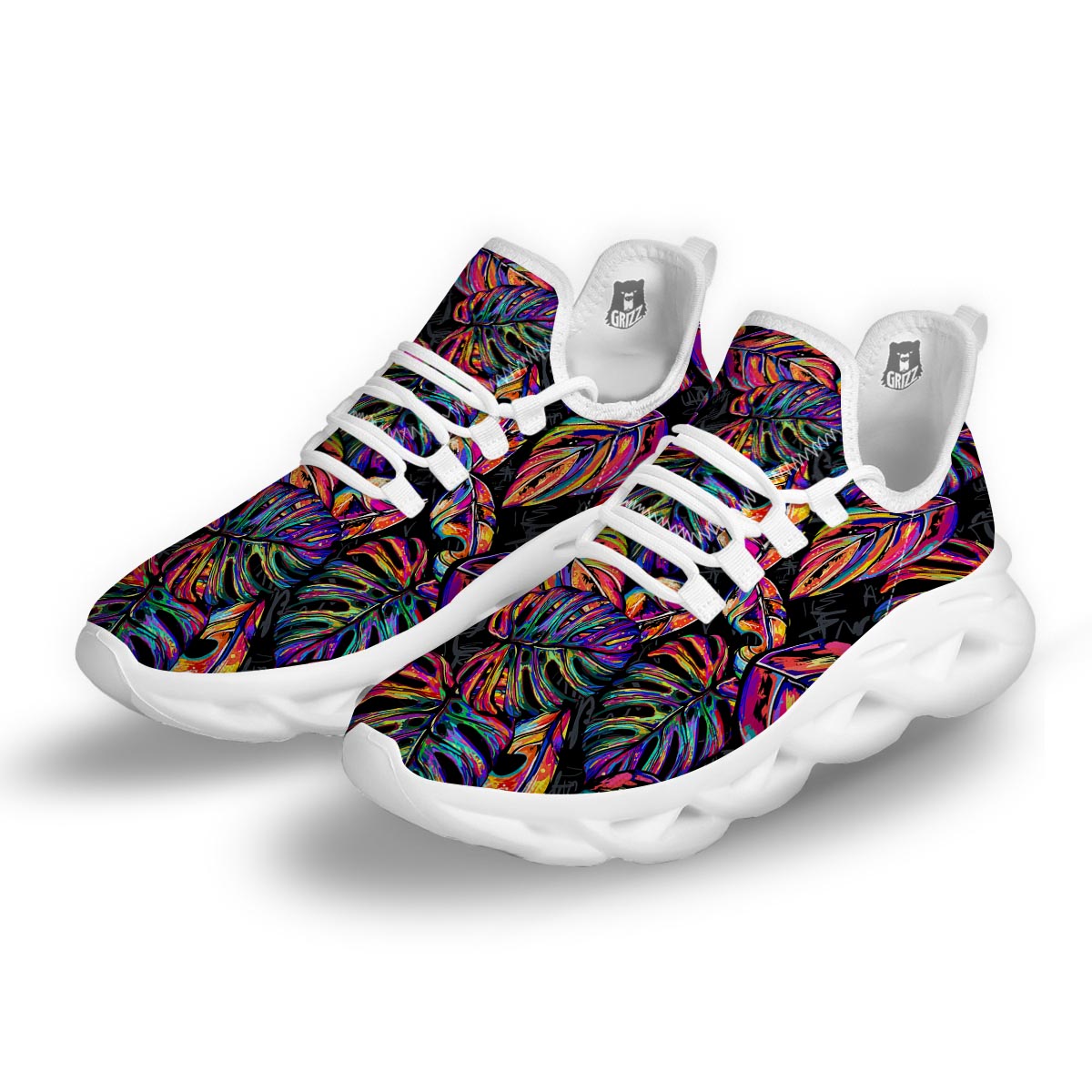 Neon Multicolor Palm Leaf Print White Running Shoes-grizzshop
