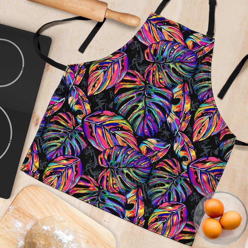 Neon Multicolor Palm Leaf Print Women's Apron-grizzshop