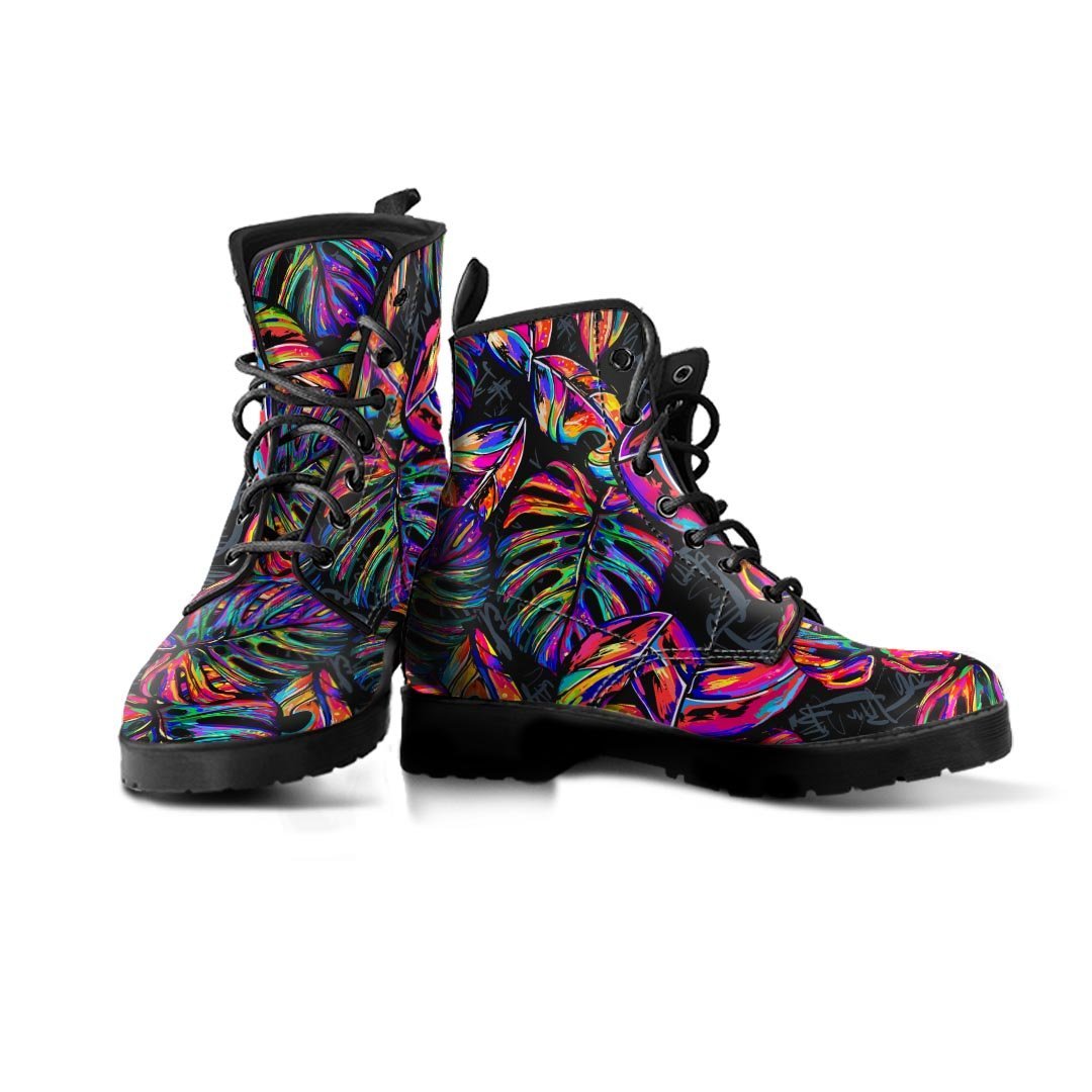 Neon Multicolor Palm Leaf Print Women's Boots-grizzshop