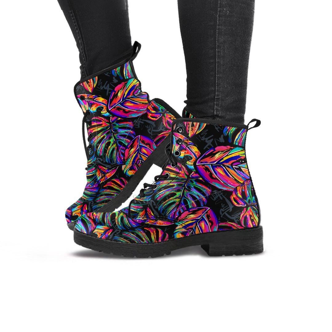 Neon Multicolor Palm Leaf Print Women's Boots-grizzshop