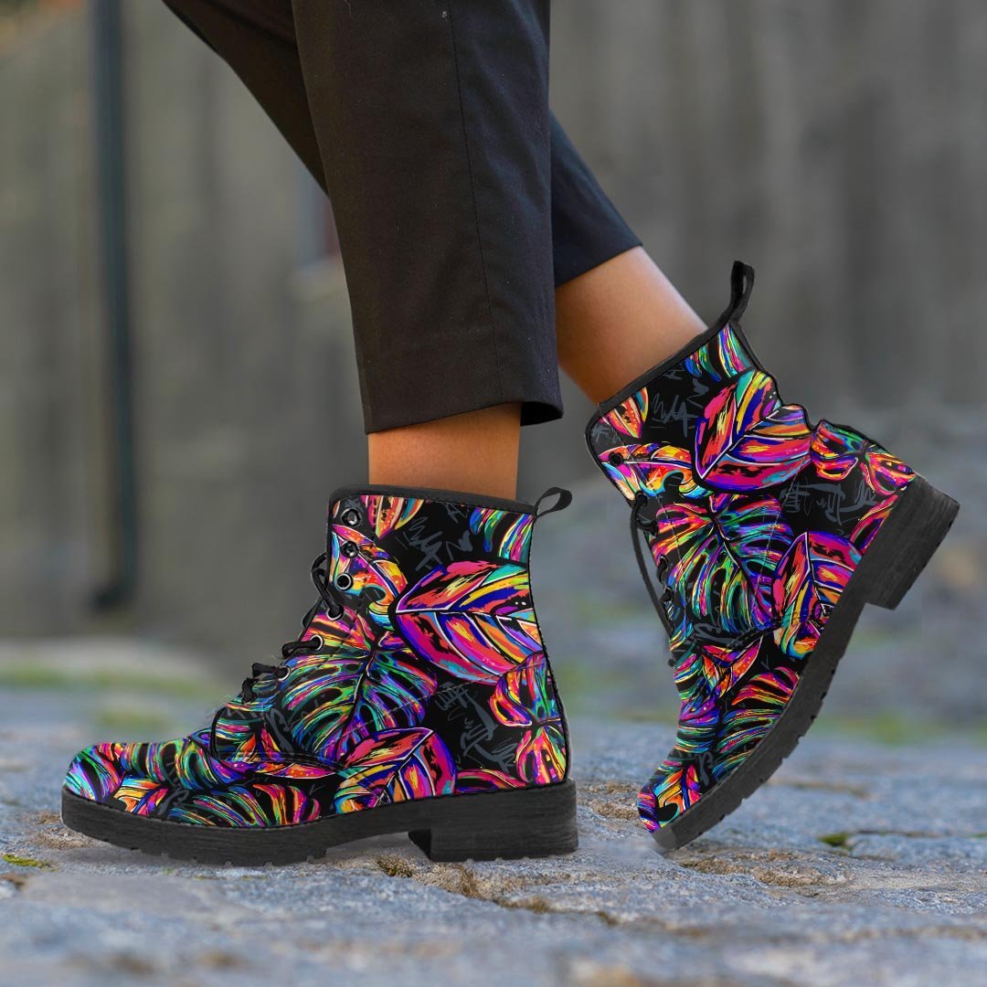 Neon Multicolor Palm Leaf Print Women's Boots-grizzshop