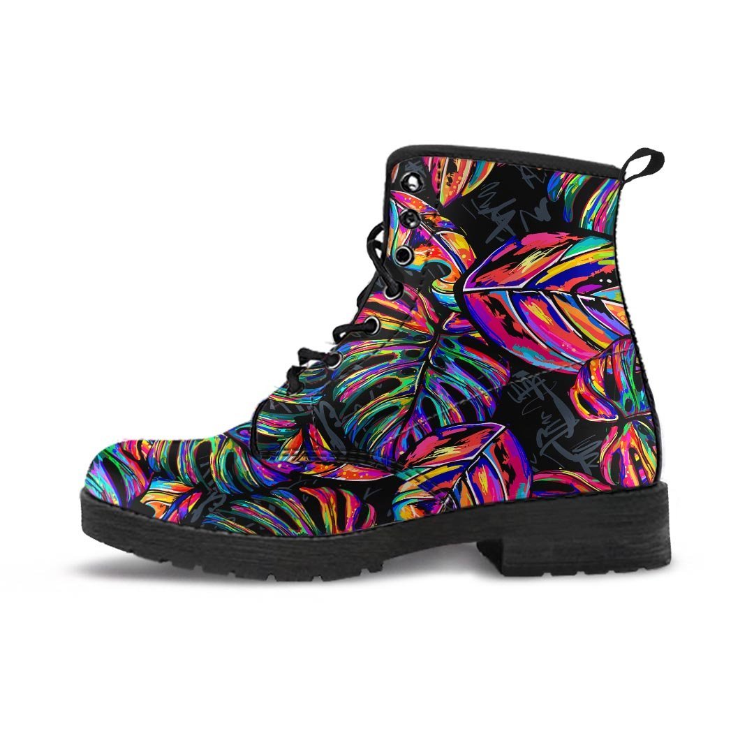 Neon Multicolor Palm Leaf Print Women's Boots-grizzshop