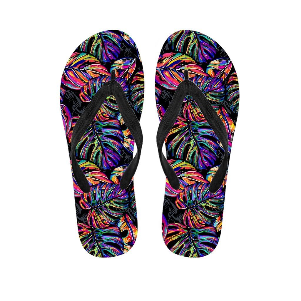 Neon Multicolor Palm Leaf Print Women's Flip Flops-grizzshop
