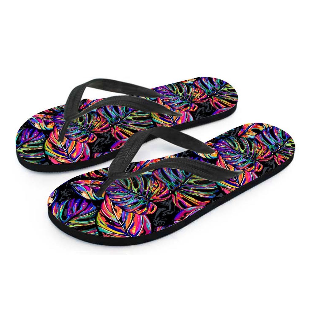 Neon Multicolor Palm Leaf Print Women's Flip Flops-grizzshop