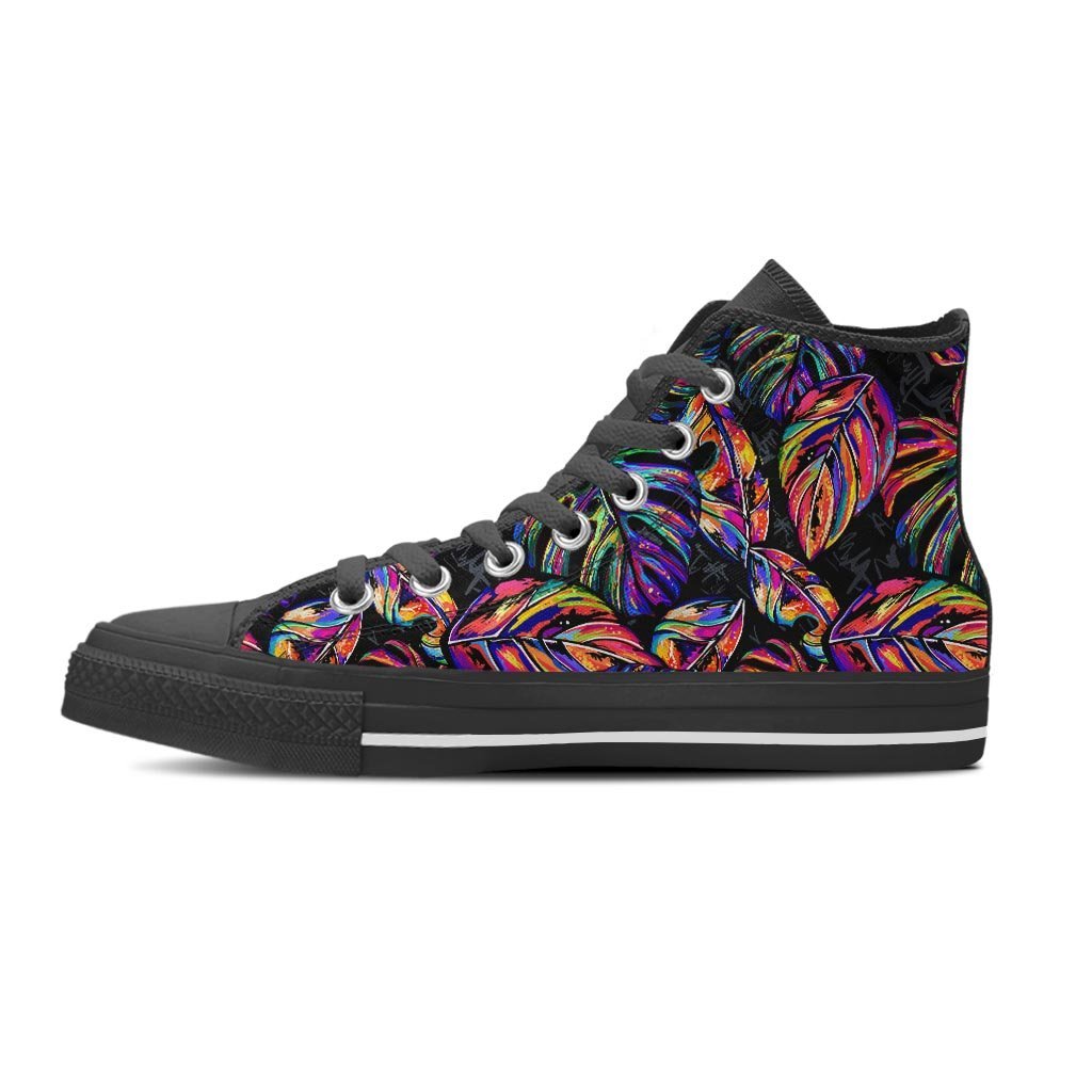 Neon Multicolor Palm Leaf Print Women's High Top Shoes-grizzshop