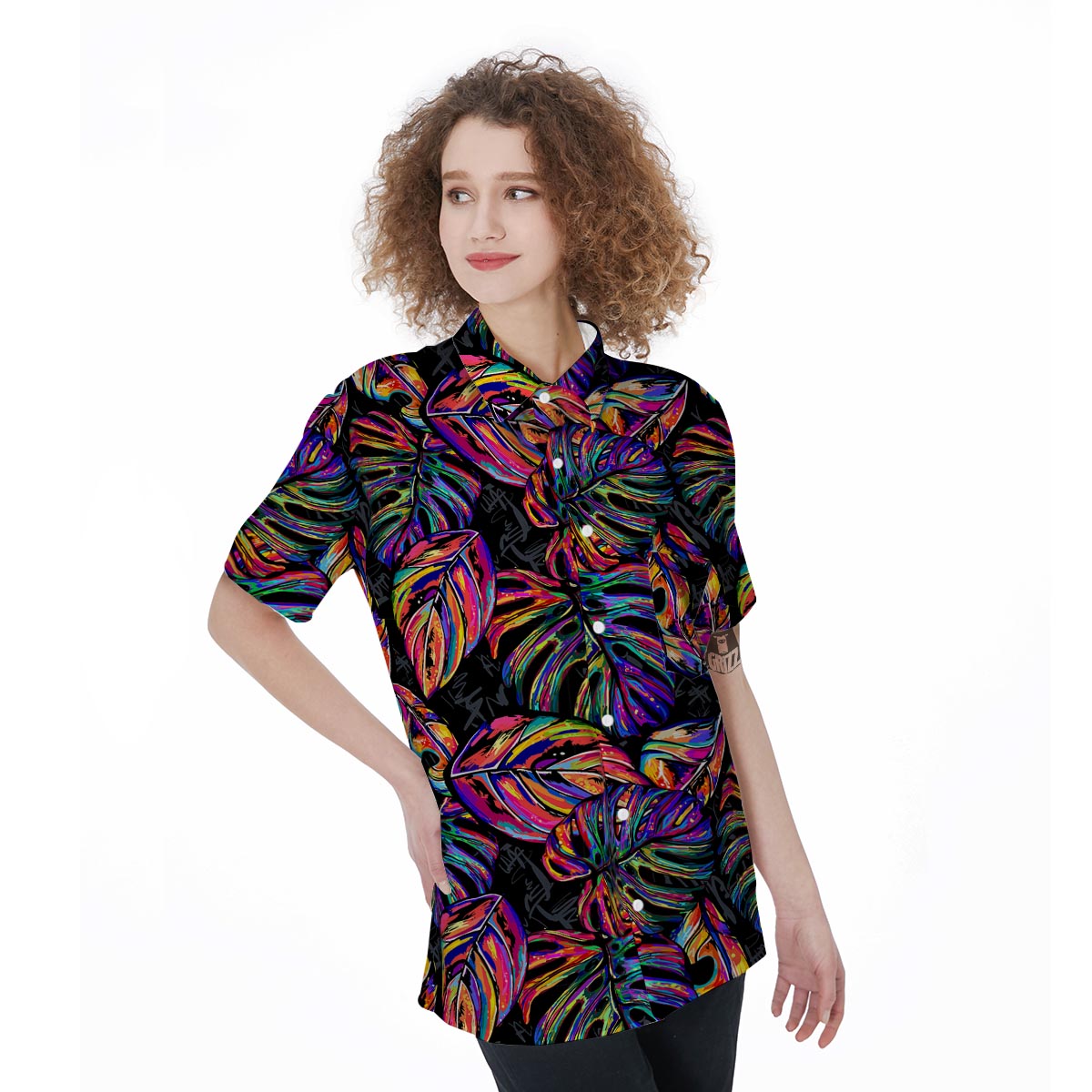 Neon Multicolor Palm Leaf Print Women's Short Sleeve Shirts-grizzshop